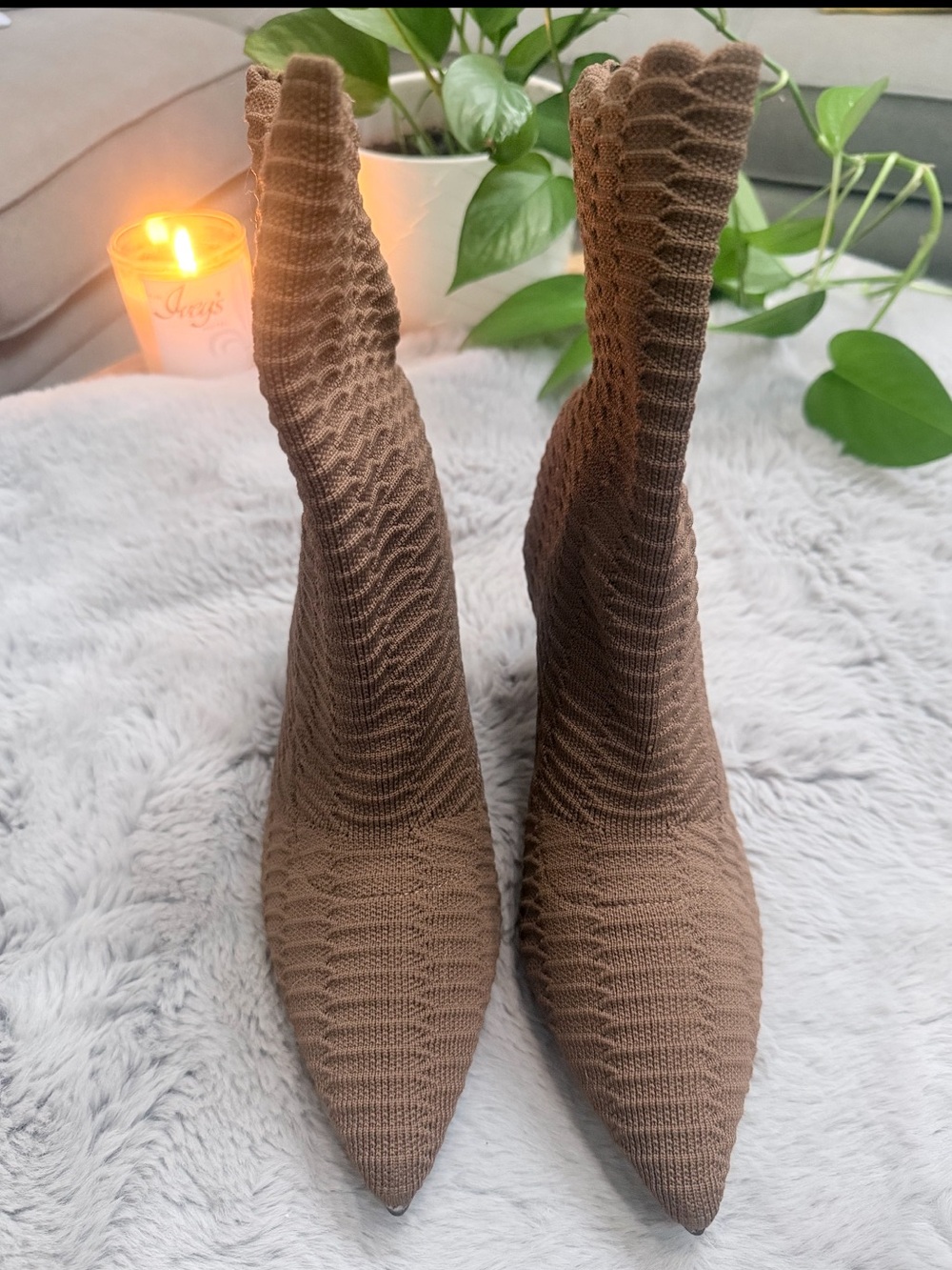 Women's Brown Knit Pointed-Toe Sock Boots